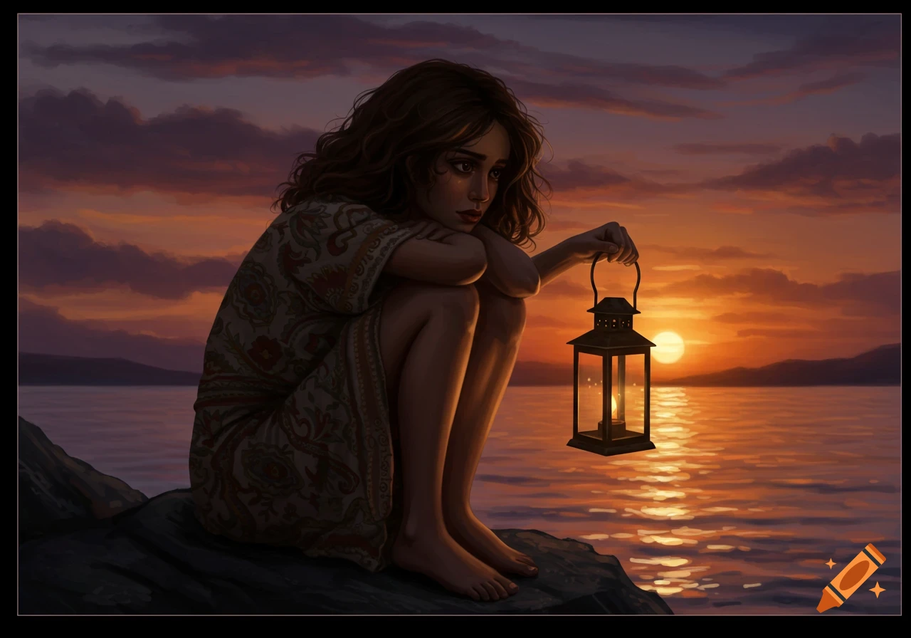 A pensive girl sits on a rock by the water, holding a lantern as the sun sets over the horizon, in an illustrated style.