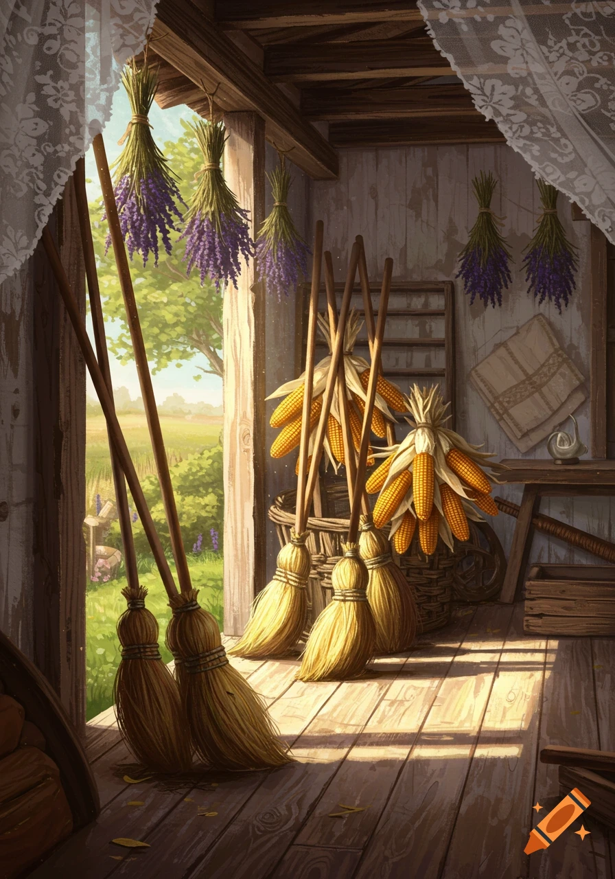 Rustic room with brooms, dried corn cobs, and hanging lavender. Sunlight from a window shows a green field outside.