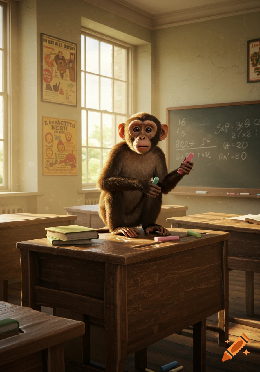 A photorealistic monkey sits on a wooden desk in a sunlit classroom, holding chalk.