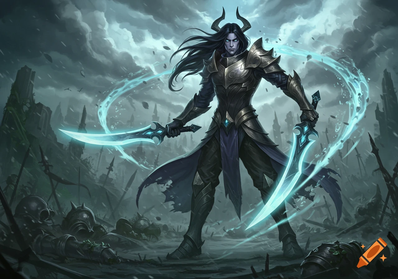 Dark fantasy illustration of a horned warrior in ornate armor wielding two glowing blue swords on a desolate battlefield.