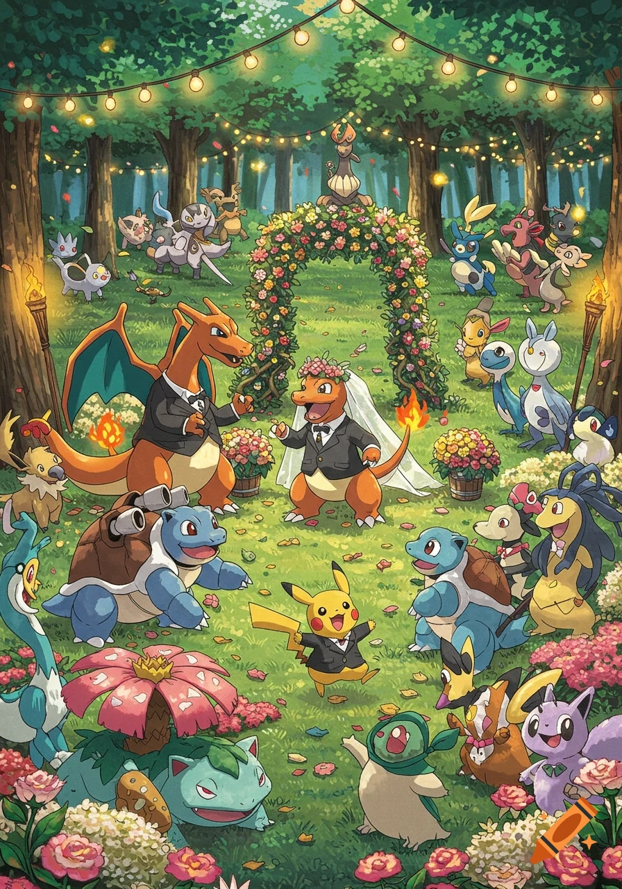 A festive outdoor wedding with many Pokemon in formal attire, including Charizard and a Charmander bride, under a floral arch in a forest setting with string lights.