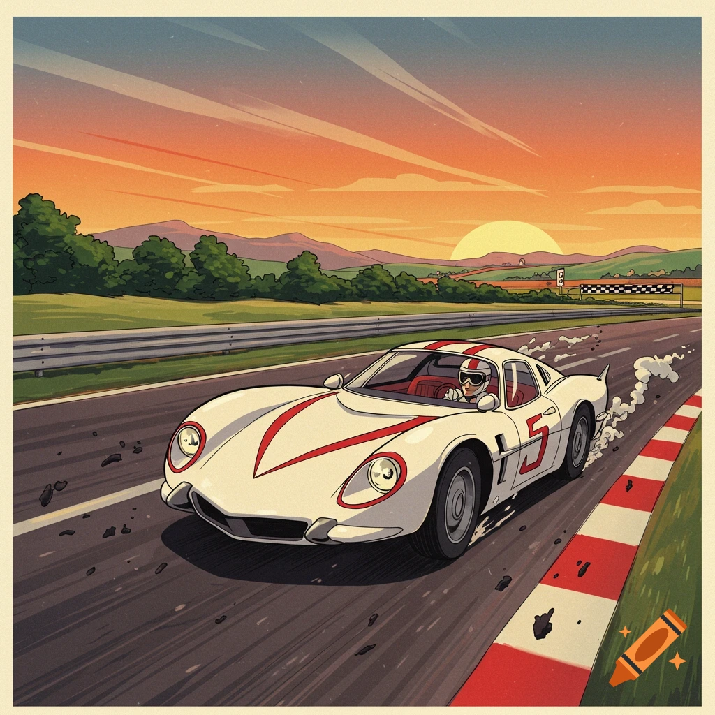 A stylized anime race car, number 5, driven by a racer with a helmet, speeds on a track at sunset.