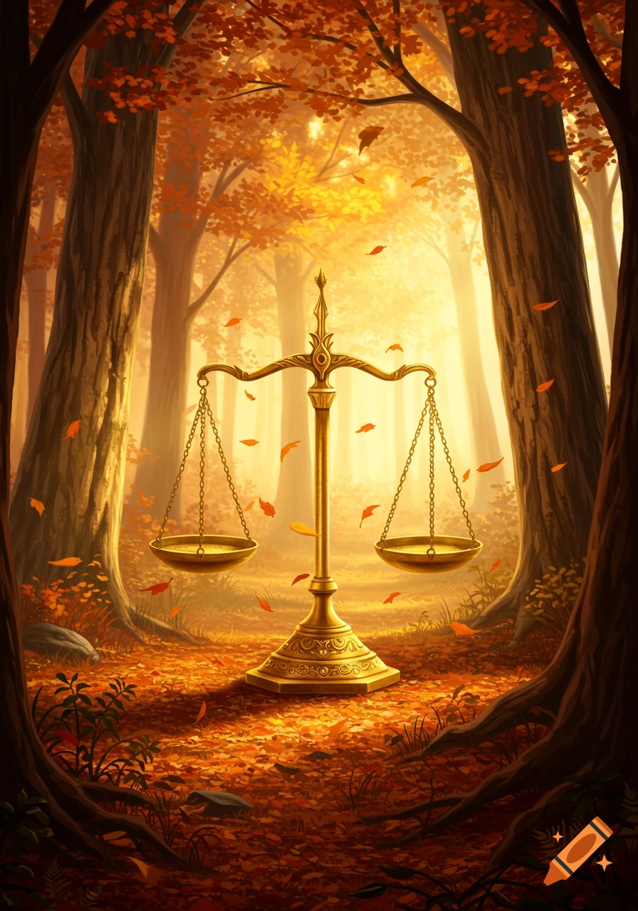 A golden balance scale stands centered in a warm, sunlit autumn forest with orange leaves falling, digital art.