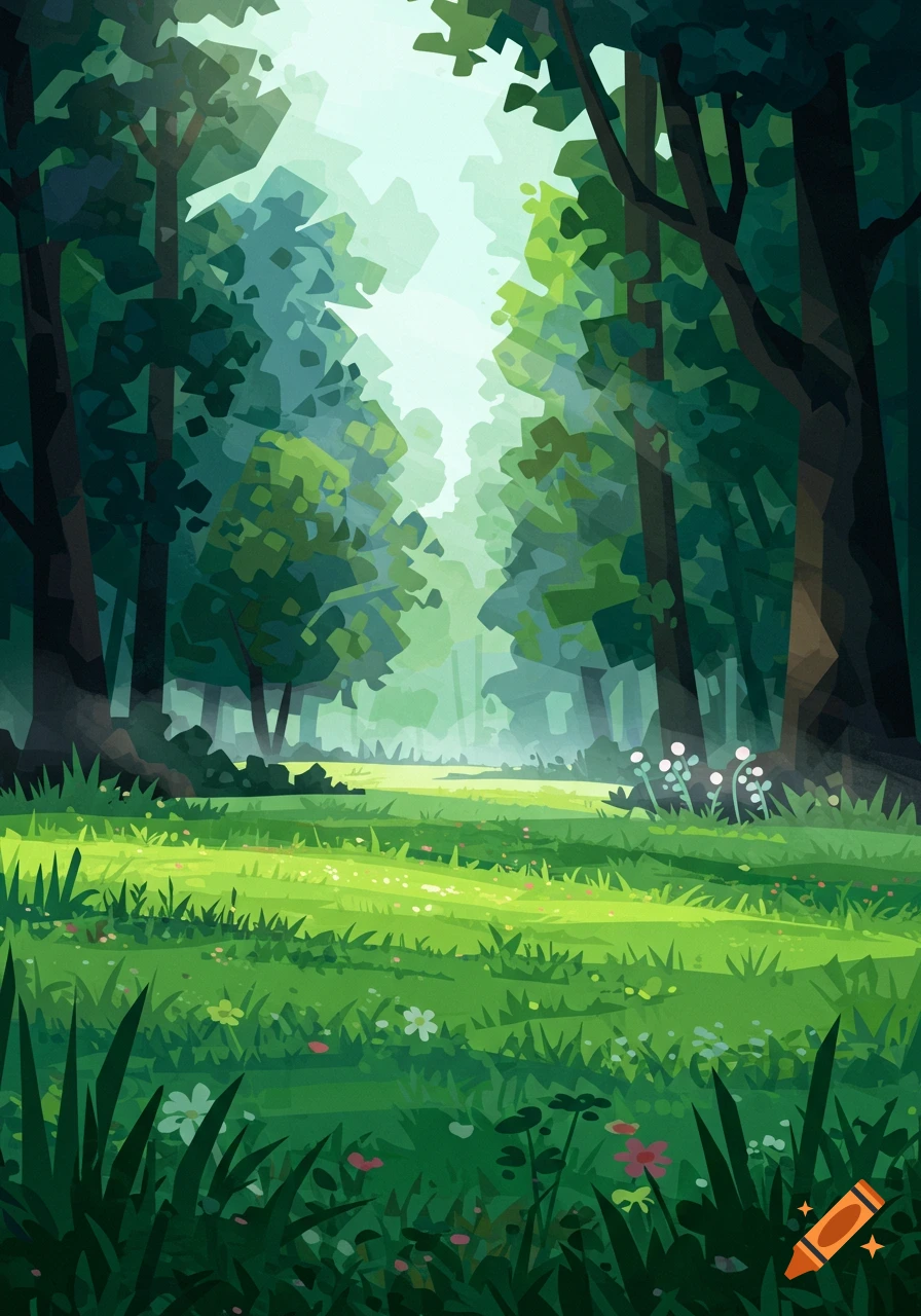 A vibrant, stylized digital art illustration of a sunlit forest meadow surrounded by dark green trees, with light filtering through.