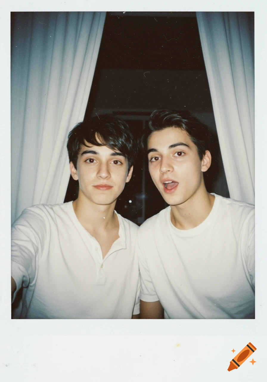 A vintage-style polaroid photo of two young men in white t-shirts standing in front of white curtains. One smiles softly, the other has his mouth open in surprise.