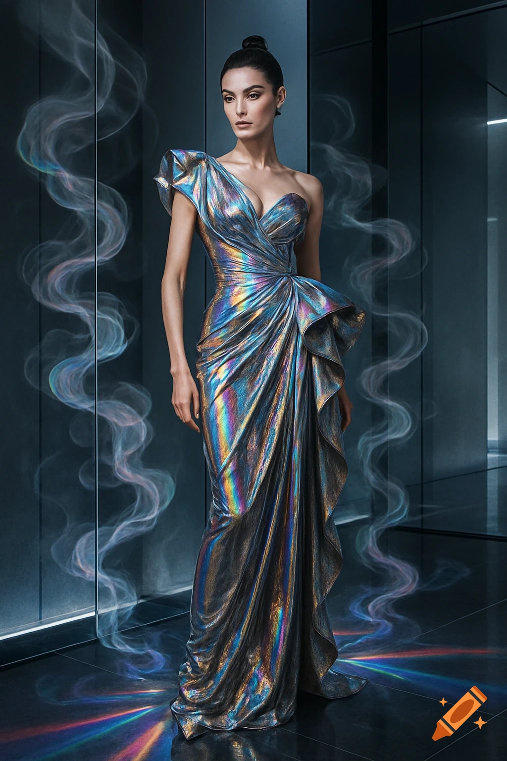 A woman in a shimmering iridescent gown stands elegantly in a dark, modern room with colorful light reflections and wispy trails.
