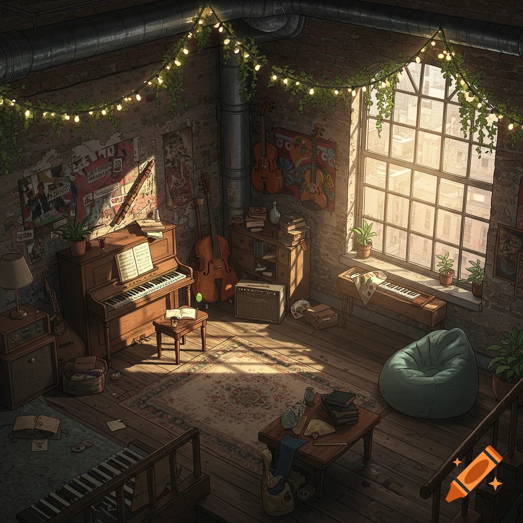 An illustration of a cozy, sunlit attic music studio filled with instruments, books, and plants, strung with fairy lights.