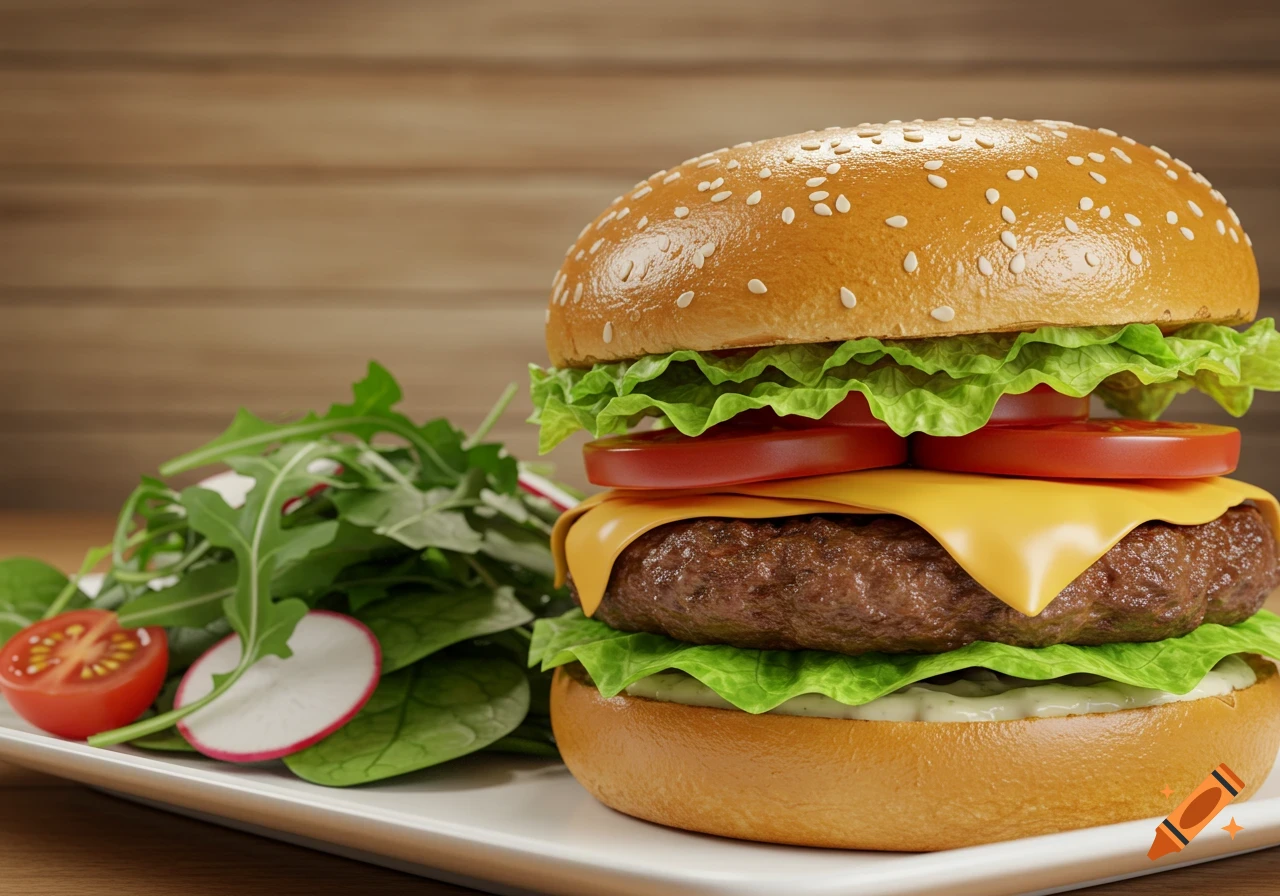 Photorealistic juicy burger with lettuce, tomato, and cheese, next to a fresh green salad with radish and tomato on a white plate.