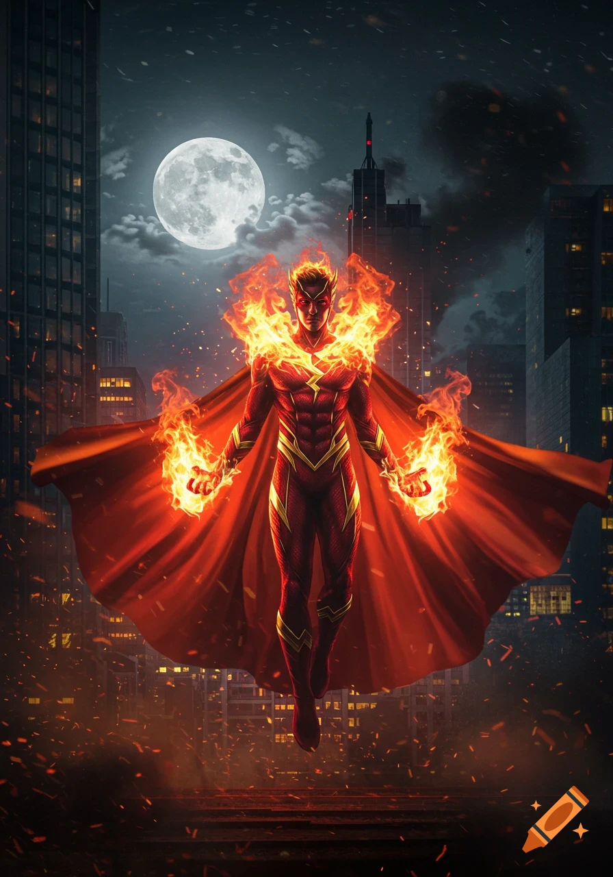 A fiery superhero floats above a dark city at night under a full moon, in a comic book art style.