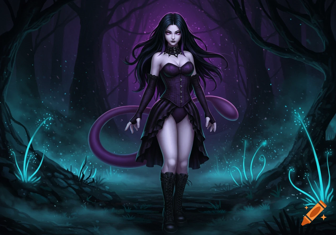 Gothic woman with long black hair, purple eyes, and a purple tail, wearing a corset and skirt, stands in a dark fantasy forest with glowing blue plants.