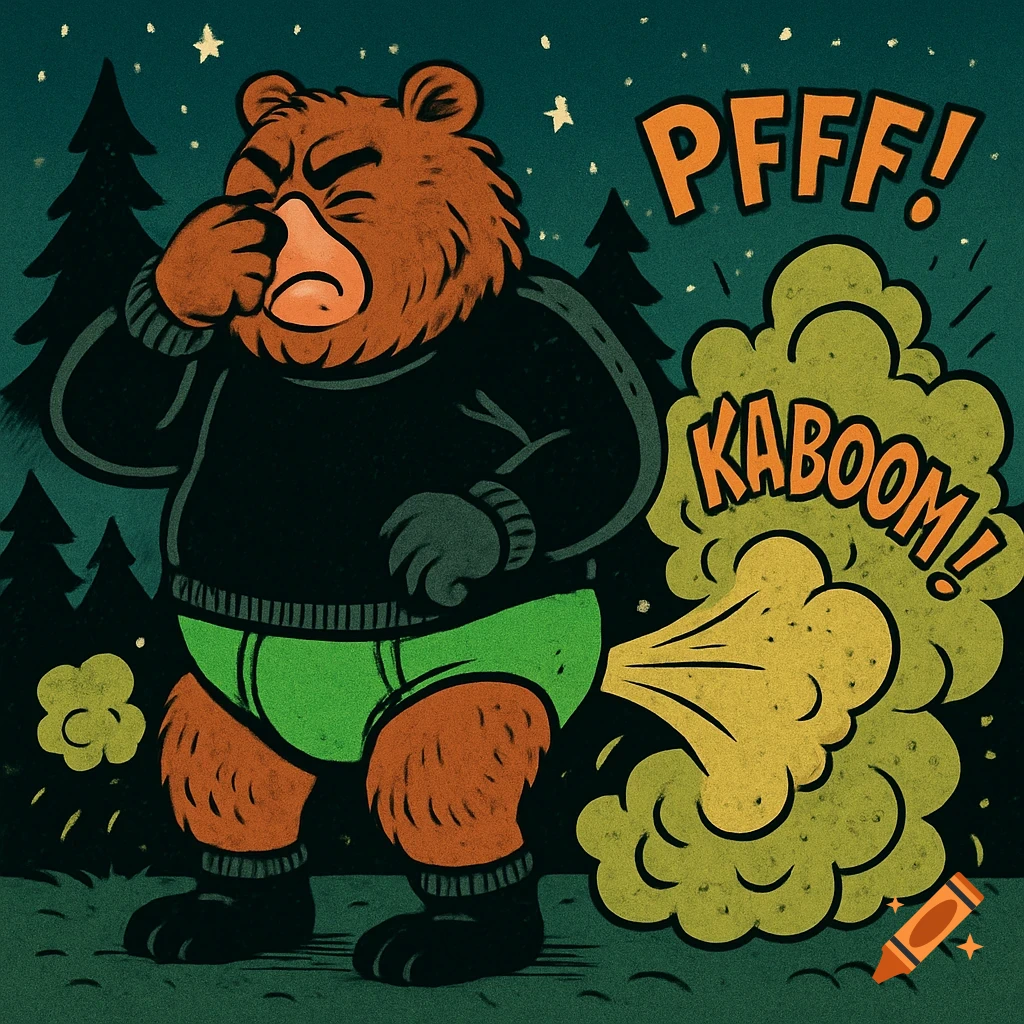 A cartoon grizzly bear in a sweater and green briefs holds its nose while farting greenish-yellow fumes that say 'PFFF! KABOOM!' in a nighttime forest.