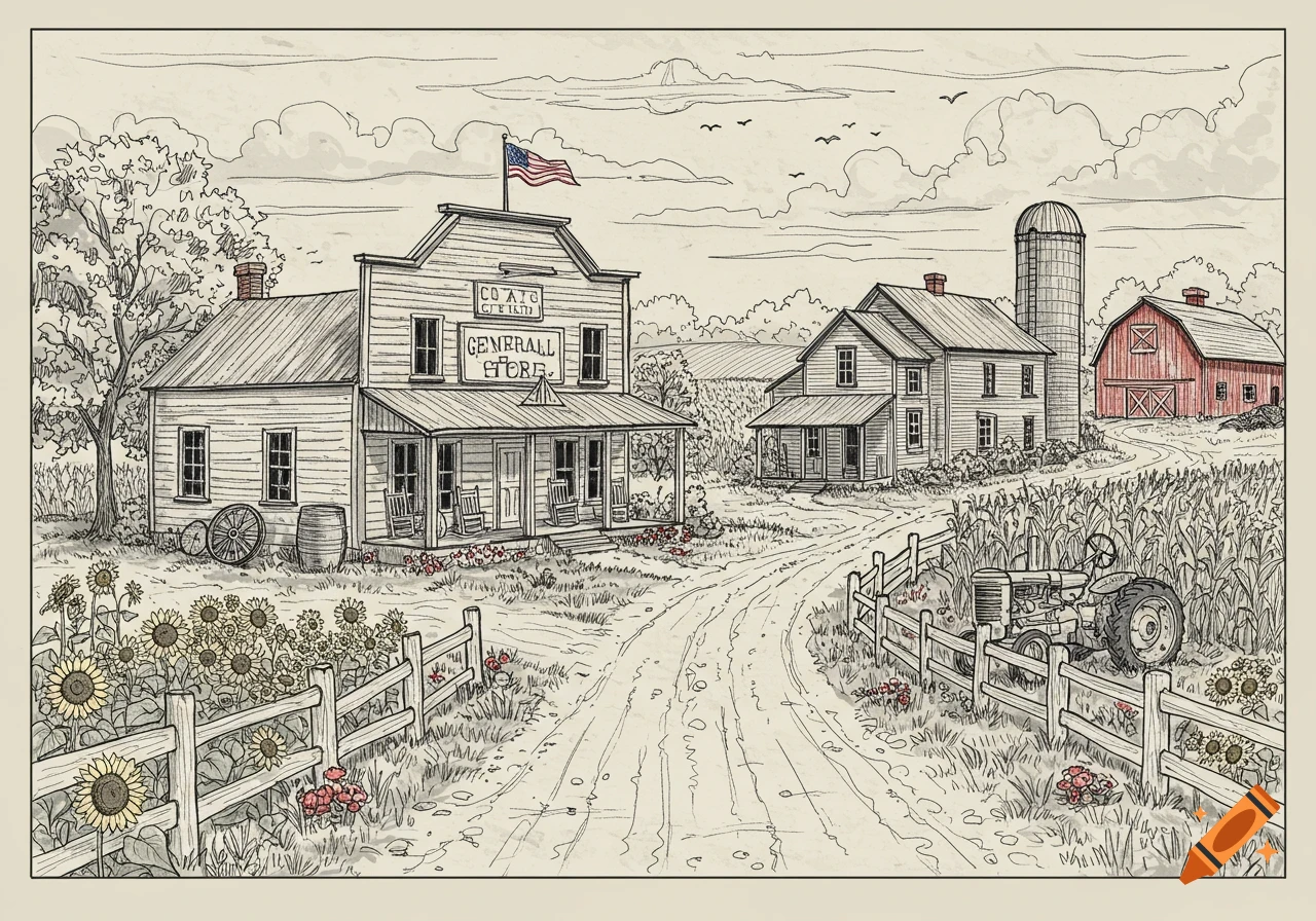Line drawing of a small American rural farming town with a general store, farmhouses, fields of sunflowers and corn, and a tractor.