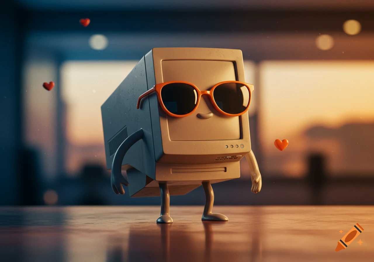 A cartoon retro computer with arms, legs, and orange sunglasses stands on a reflective surface with floating hearts.