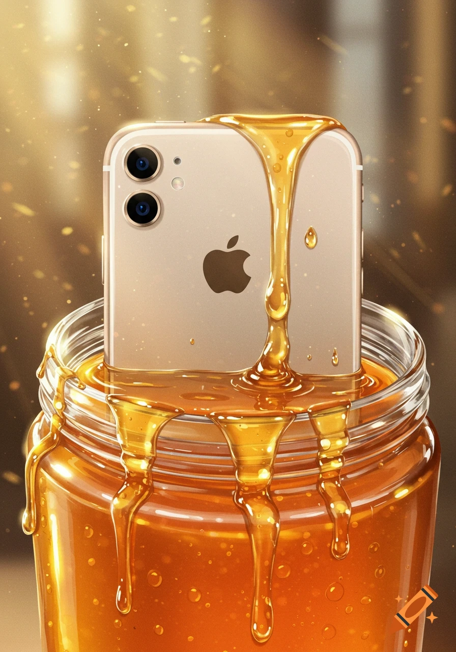 Close-up of a gold iPhone submerged in a glass jar of golden honey, with honey dripping down the phone and jar.