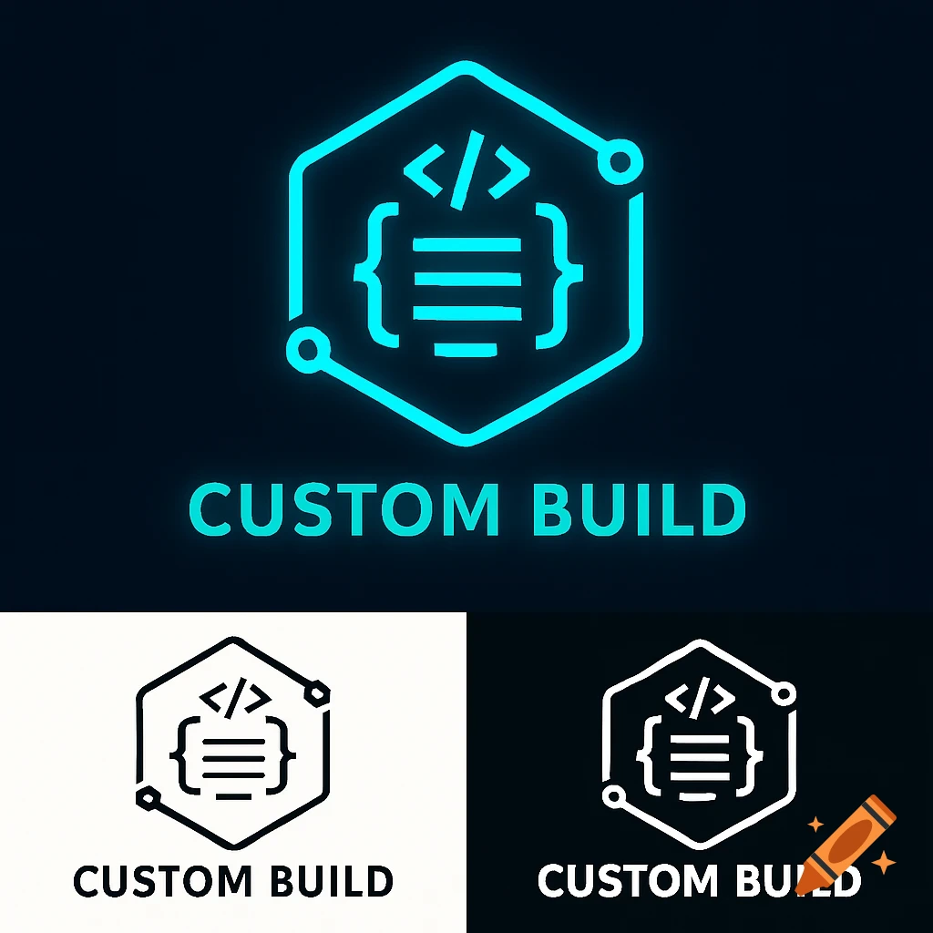 A teal neon glow hexagonal logo with coding symbols and 'CUSTOM BUILD' text, shown with black and white variants.