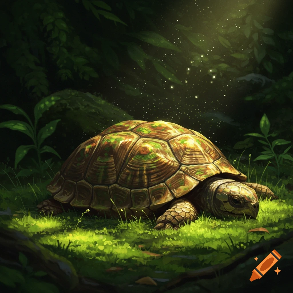 A turtle with a textured shell rests on vibrant green grass in a dimly lit, magical forest with glowing particles.