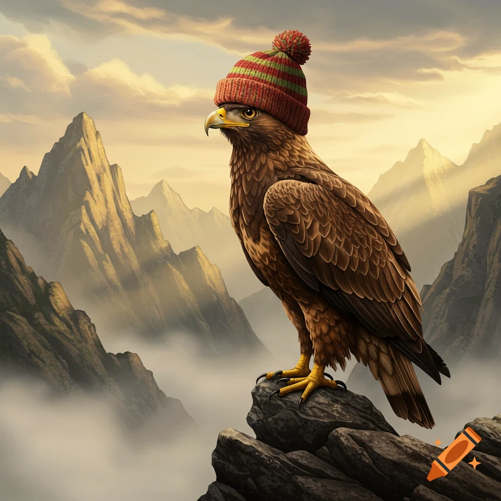 A proud eagle wearing a striped beanie perches on a rocky mountain peak with other mountains and clouds in the background.