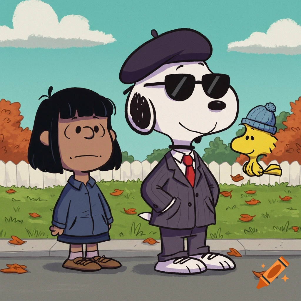 Snoopy as Leon with Woodstock as Matilda in a 'Peanuts' style cartoon, standing with a young Peanuts character.