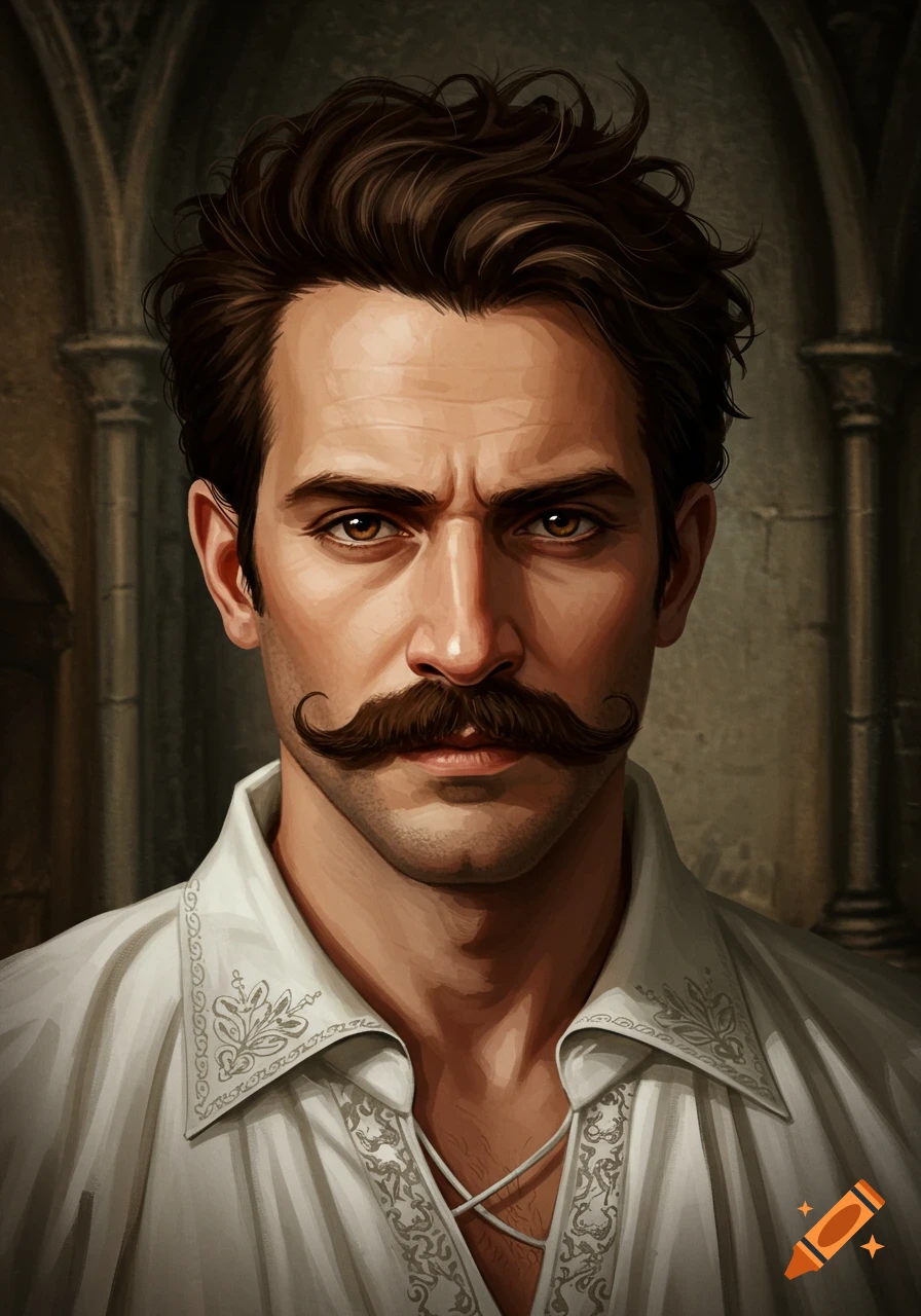A stern-looking man with dark hair and a curled mustache wears a white medieval-style shirt in a stone archway.
