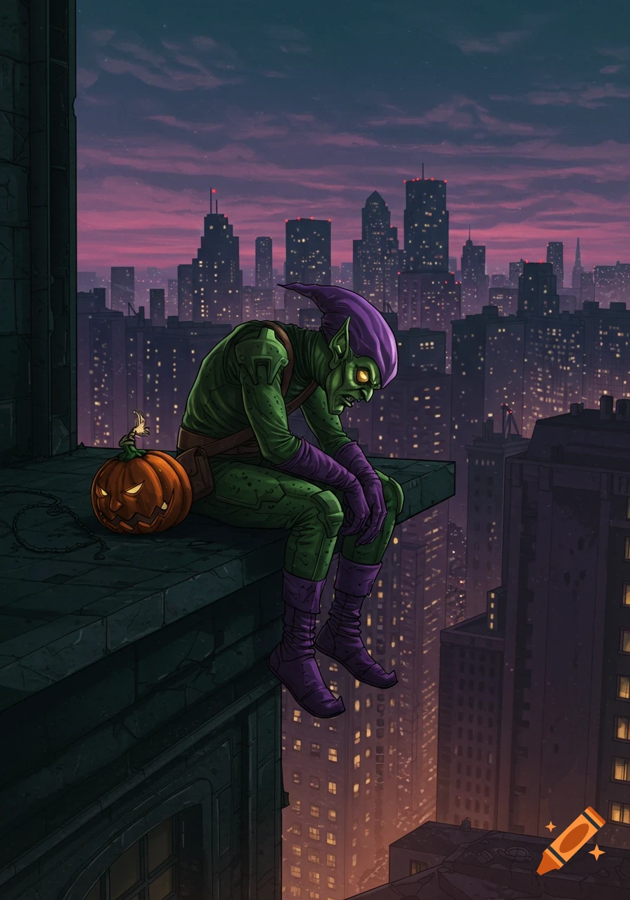 Green Goblin sits dejectedly on a city rooftop with a jack-o'-lantern, overlooking a twilight cityscape in comic book style.