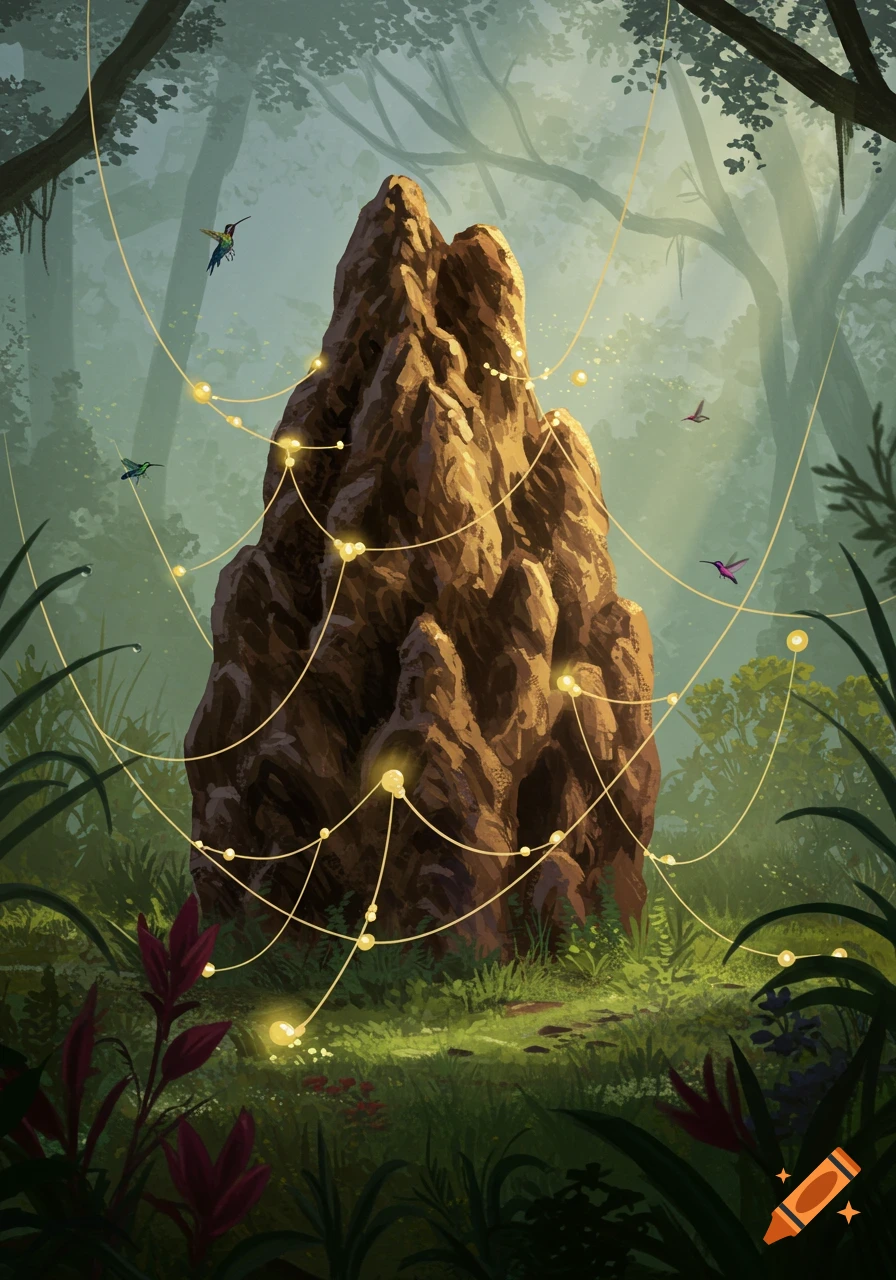 Stylized illustration of a large termite mound in a jungle, wrapped in glowing golden strands, with colorful hummingbirds flying nearby.