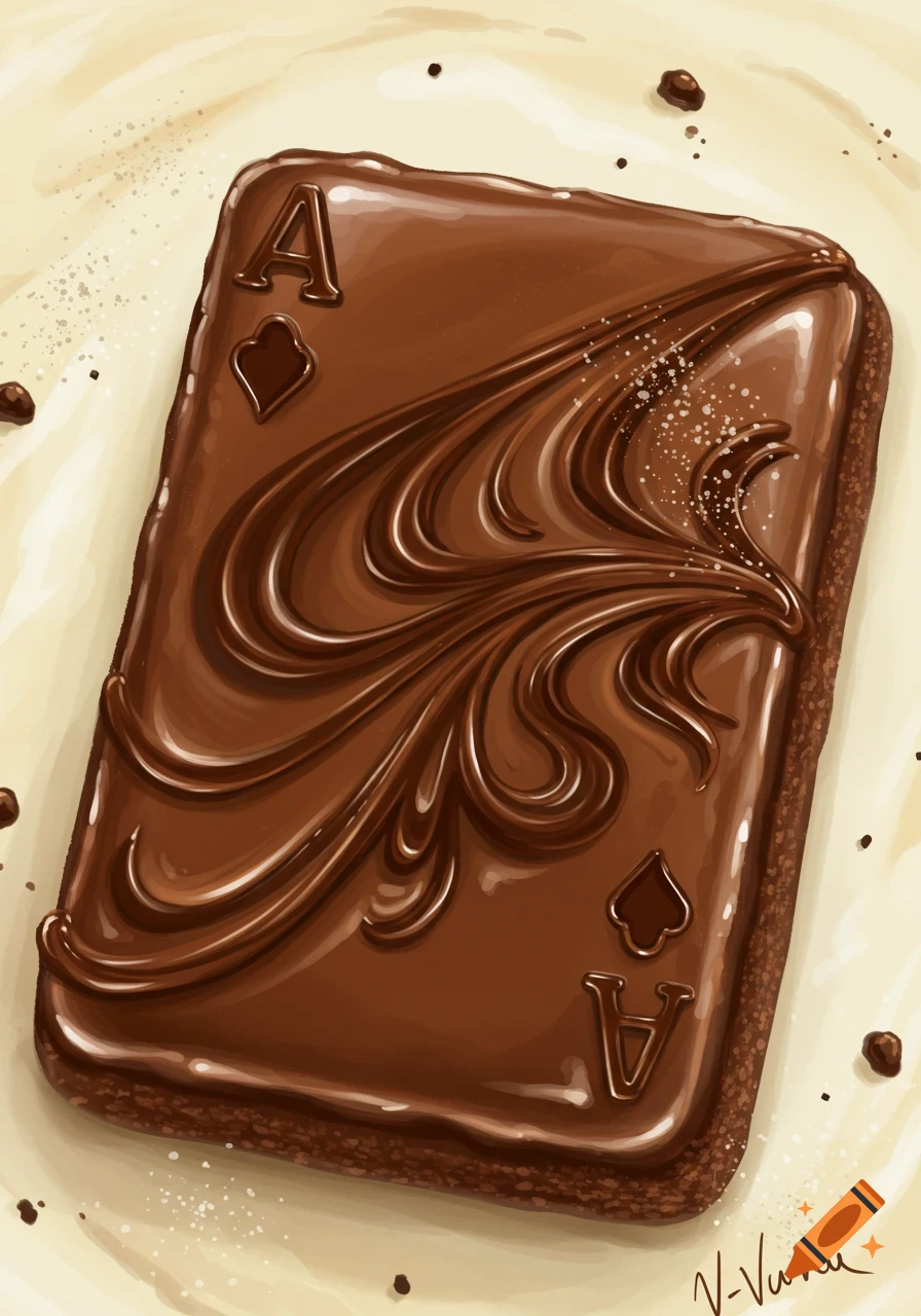 Illustration of a rectangular chocolate cookie decorated with swirled icing, sugar sprinkles, and card suits, resembling an ace playing card.