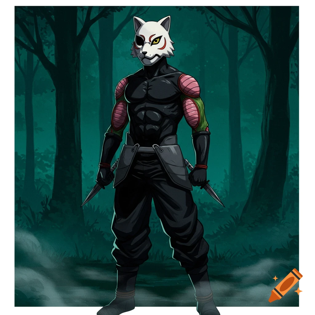 Anime warrior in a white fox mask, black muscular suit with green and pink armor, holding two knives in a dark forest.