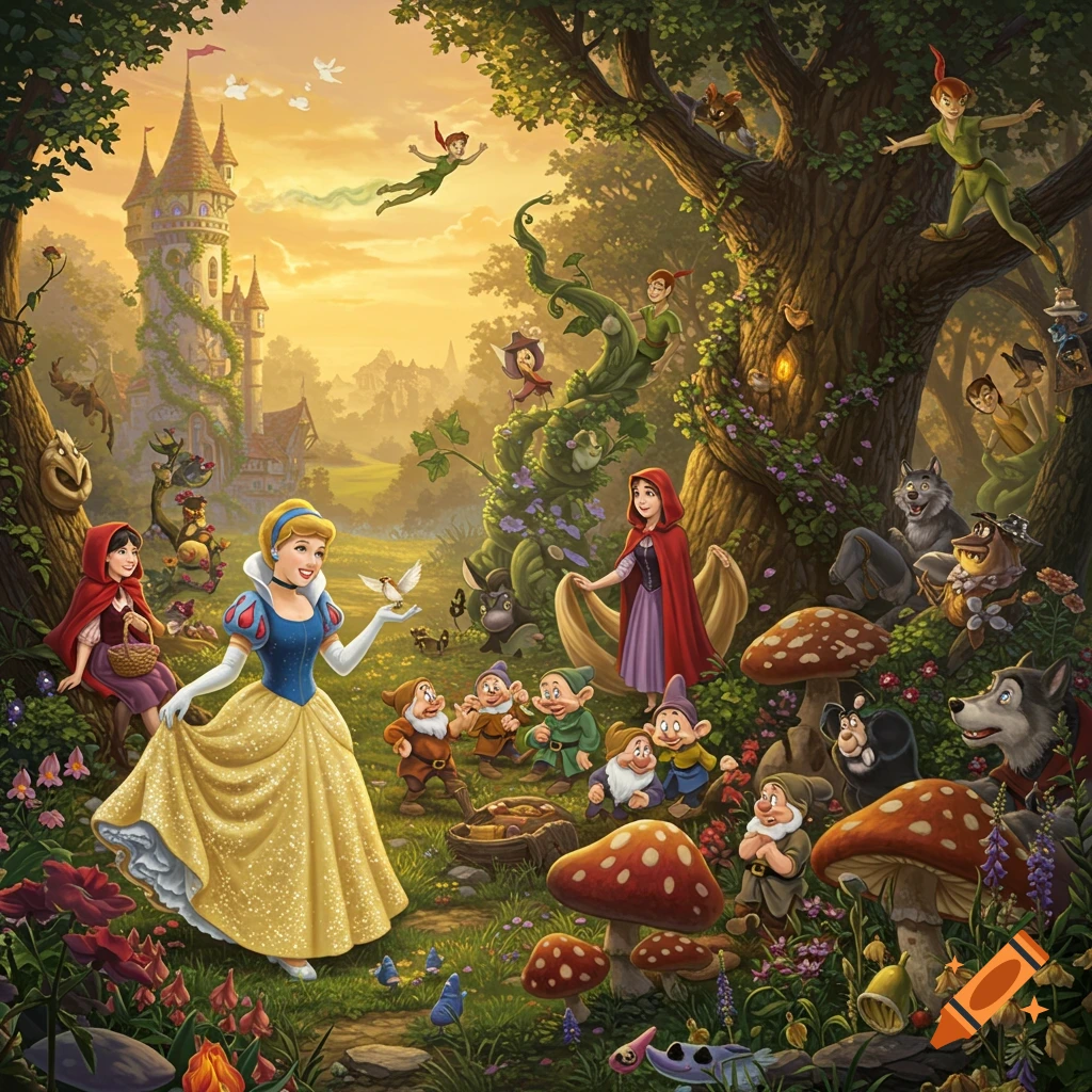 A vibrant fairytale illustration featuring Snow White, Cinderella, Little Red Riding Hood, the Seven Dwarfs, Peter Pan, and other characters in a magical forest with a castle in the background.