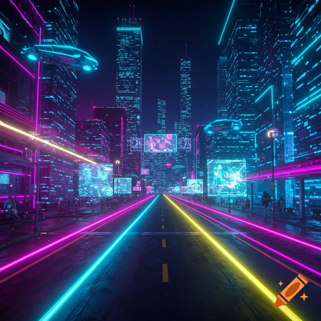 A neon-lit futuristic city street at night with flying cars, tall buildings, and bright pink, blue, and yellow light trails.