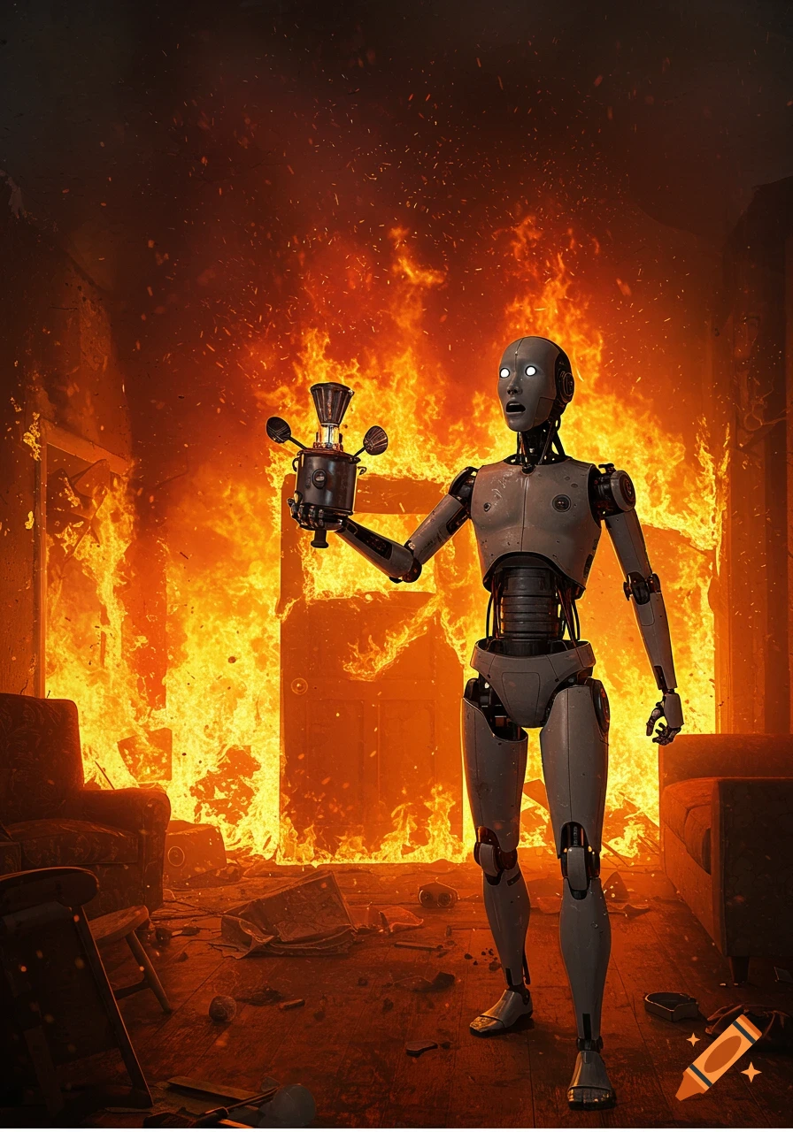 A robot with a surprised expression stands in a house engulfed in flames, holding a small, intricate device.