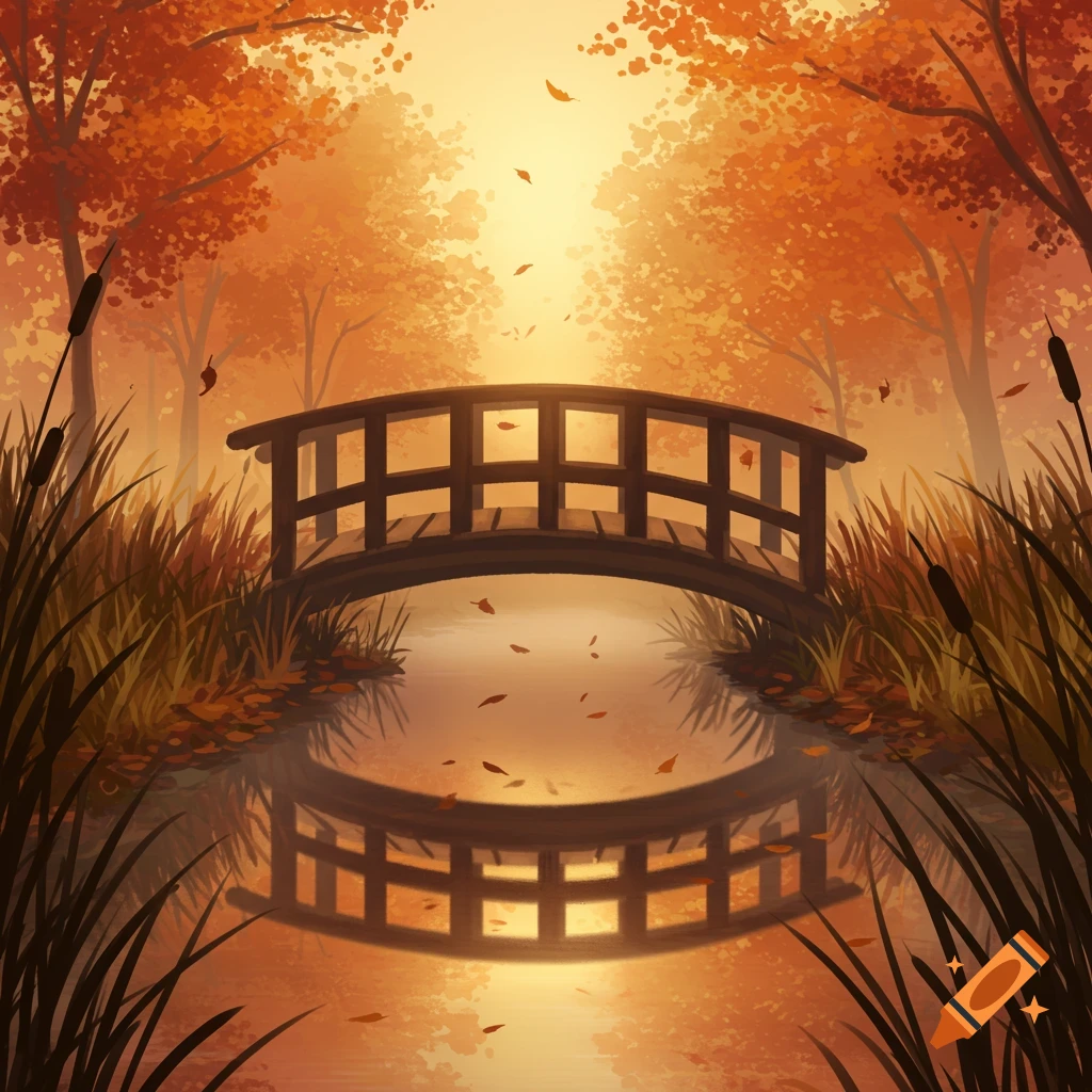 An illustration of a wooden bridge over water in an autumn forest, with orange trees and fallen leaves.