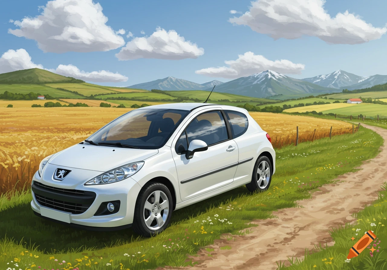 White Peugeot 207 car on a dirt path next to a golden field, green hills, and snow-capped mountains under a blue sky, illustration.