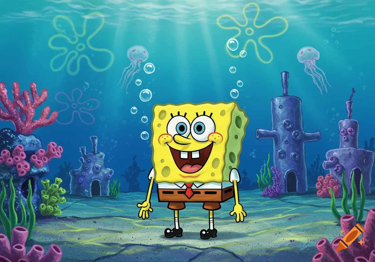 SpongeBob SquarePants stands smiling in a vibrant underwater cartoon ...