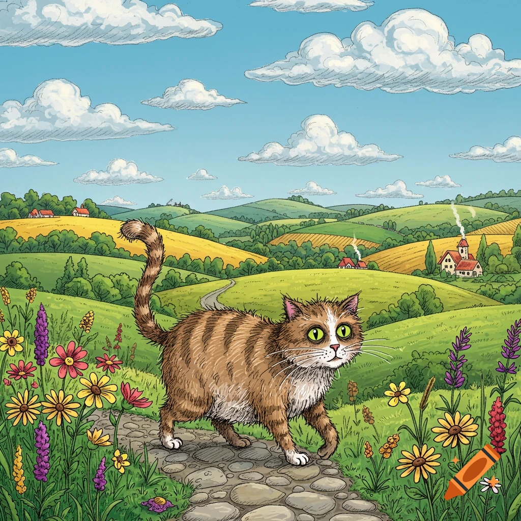 A scruffy tabby cat with wide green eyes walks on a cobblestone path through a vibrant, cartoonish rural landscape with hills and wildflowers.
