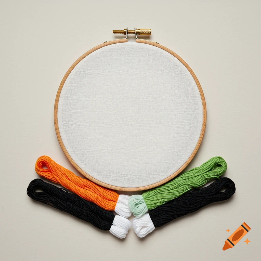 A blank embroidery hoop with orange, black, white, and green threads arranged below it on a light background.