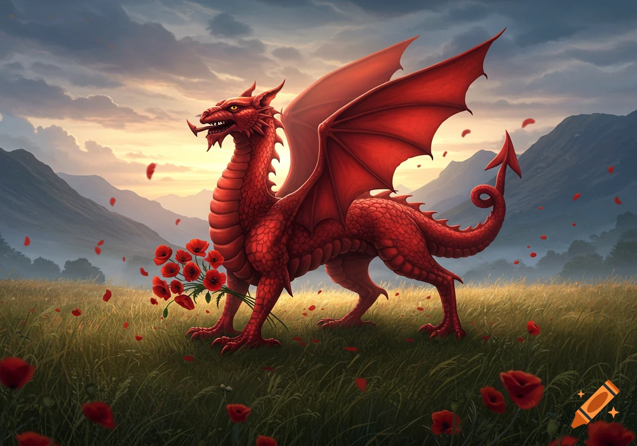 A vibrant red dragon stands in a grassy field, holding a bouquet of red poppies, against a mountainous sunset backdrop.
