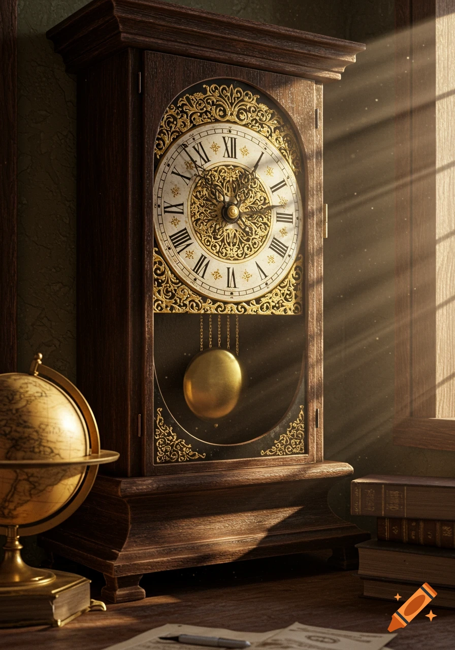 An antique grandfather clock with a gold face and Roman numerals, a globe, and books bathed in sunbeams filtering through a window.