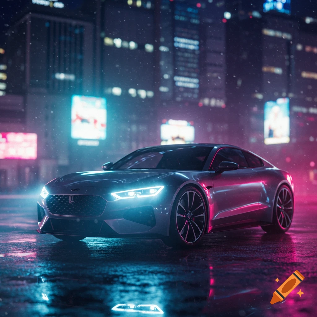 Sleek silver sports car on a wet city street at night, with neon blue and pink city lights reflecting on the ground.