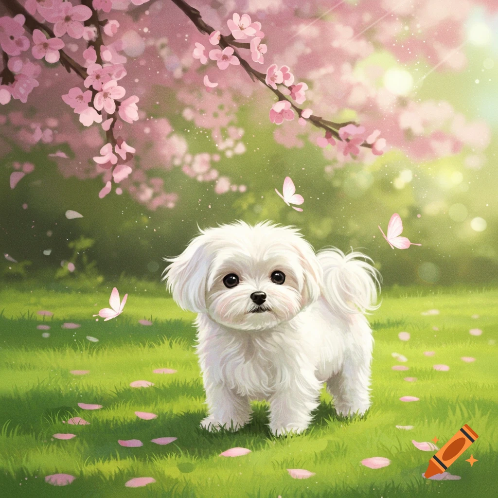 A fluffy white puppy in a field of green grass with pink cherry blossoms and butterflies, illustrated.