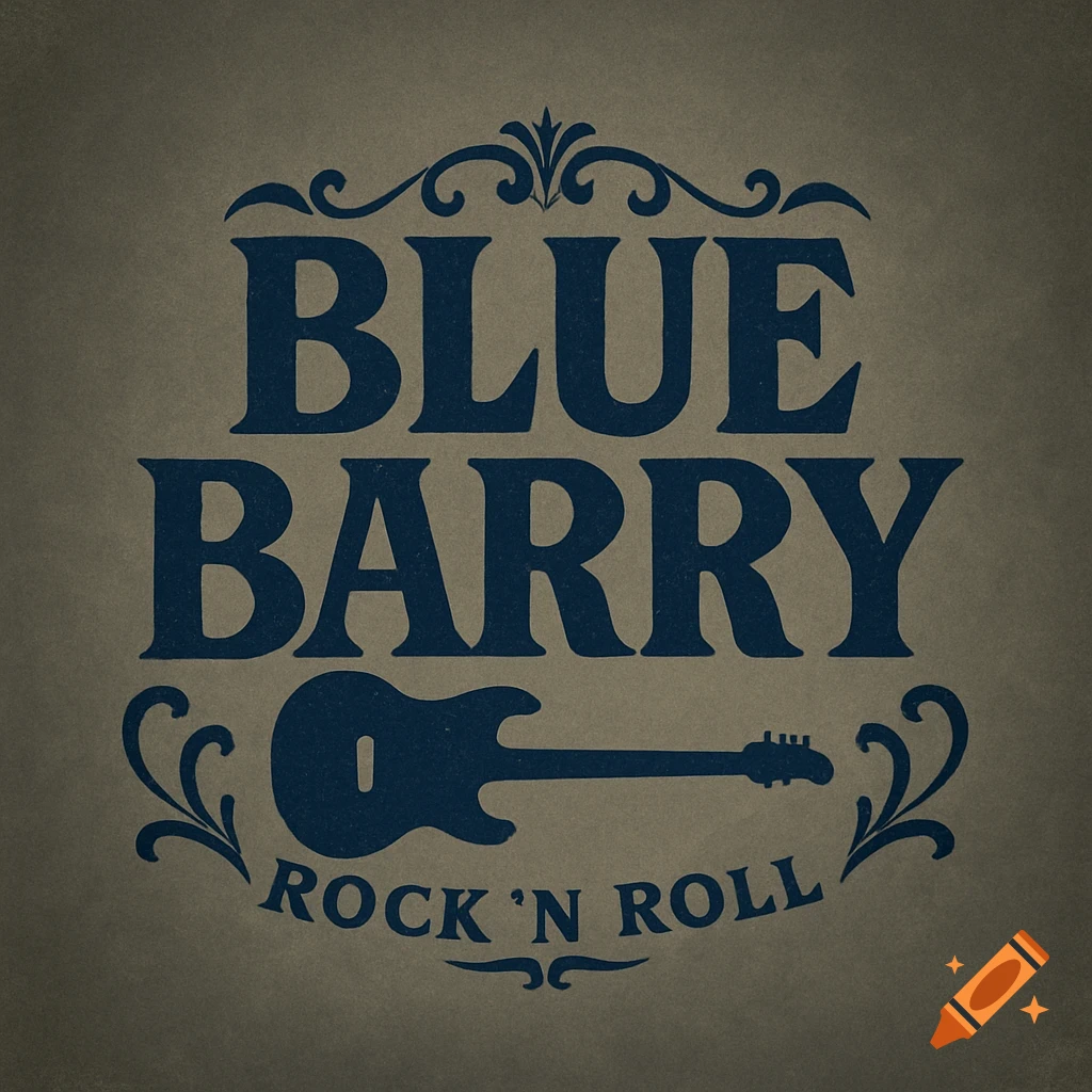 A vintage-style band logo for 'Blue Barry' featuring a guitar silhouette and 'ROCK 'N ROLL' text on a textured gray background.