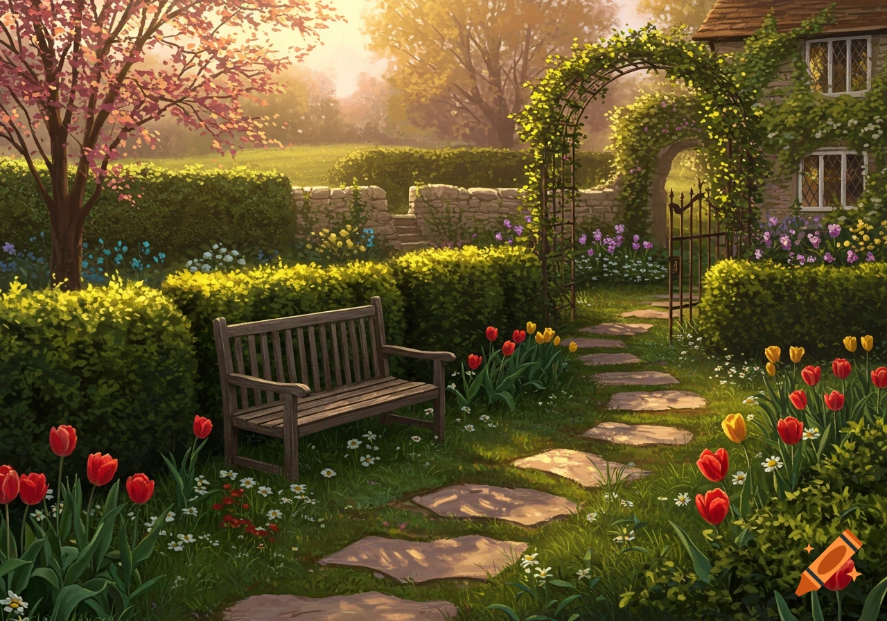 A rustic garden path with a wooden bench, red and yellow tulips, green hedges, a stone wall, and a vine-covered house, bathed in warm sunlight.