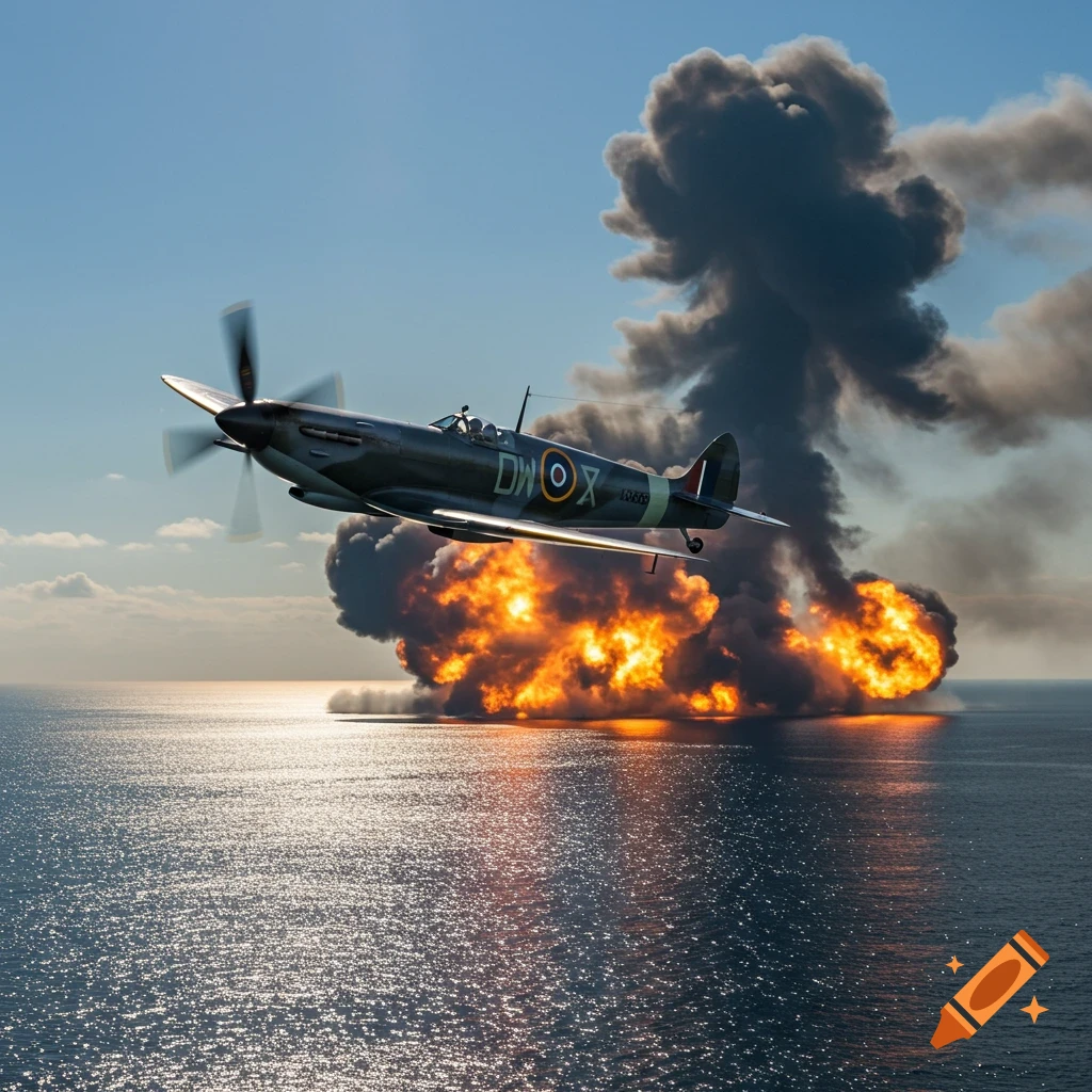 A photorealistic image of a Spitfire plane flying low over a shimmering ocean with a large explosion behind it.