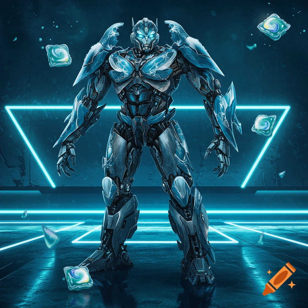 A blue and silver mecha stands in a futuristic, neon-lit room with detergent pods floating around it.