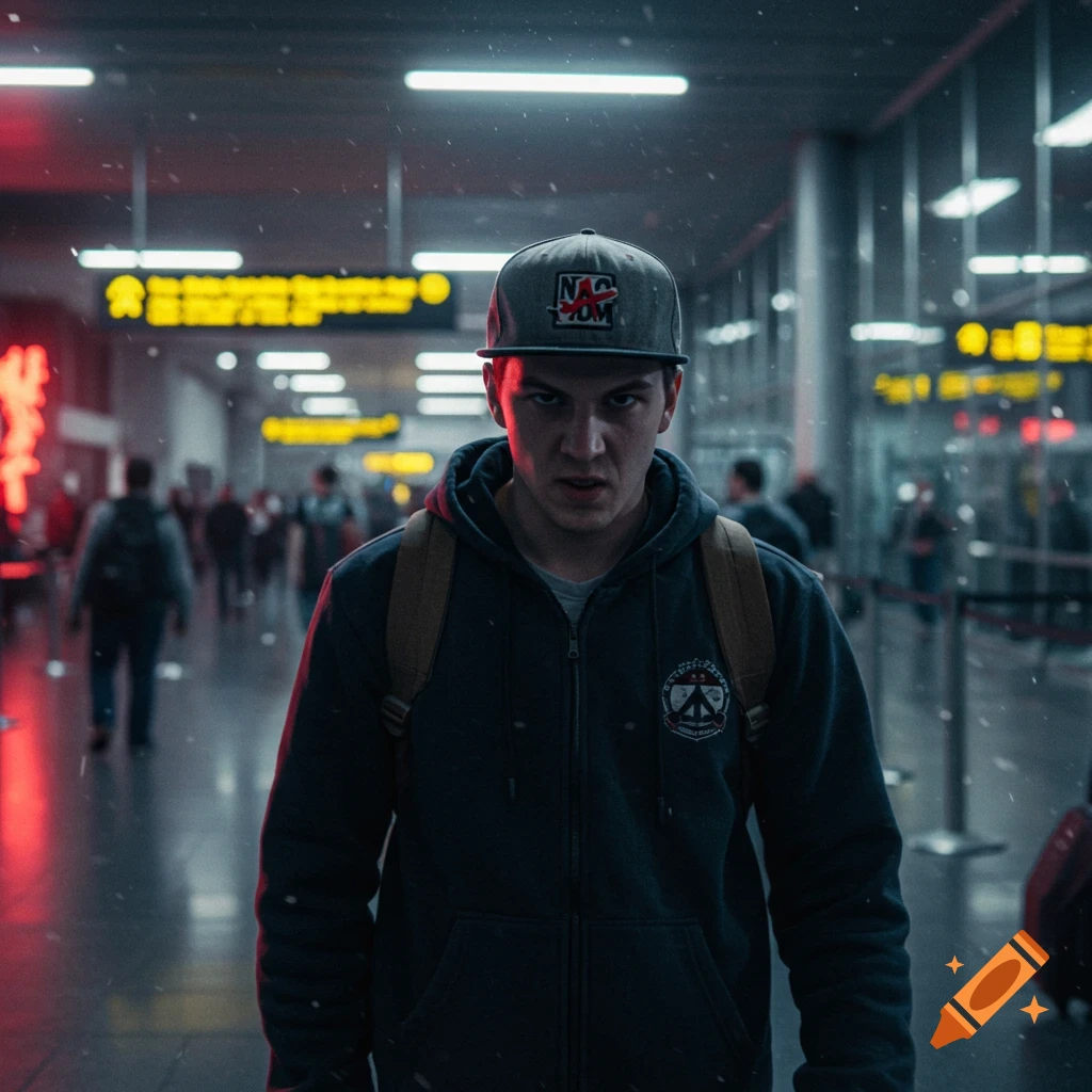 A young man with an aggressive expression, wearing a backwards baseball cap and backpack, stands in a dimly lit airport terminal.