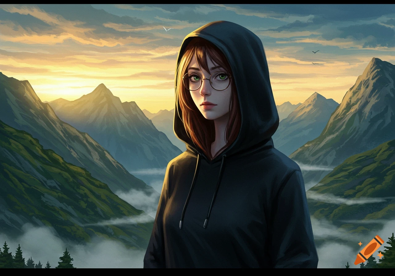 Anime girl in a black hoodie and glasses stands in a mountainous landscape under a vibrant sky with clouds.