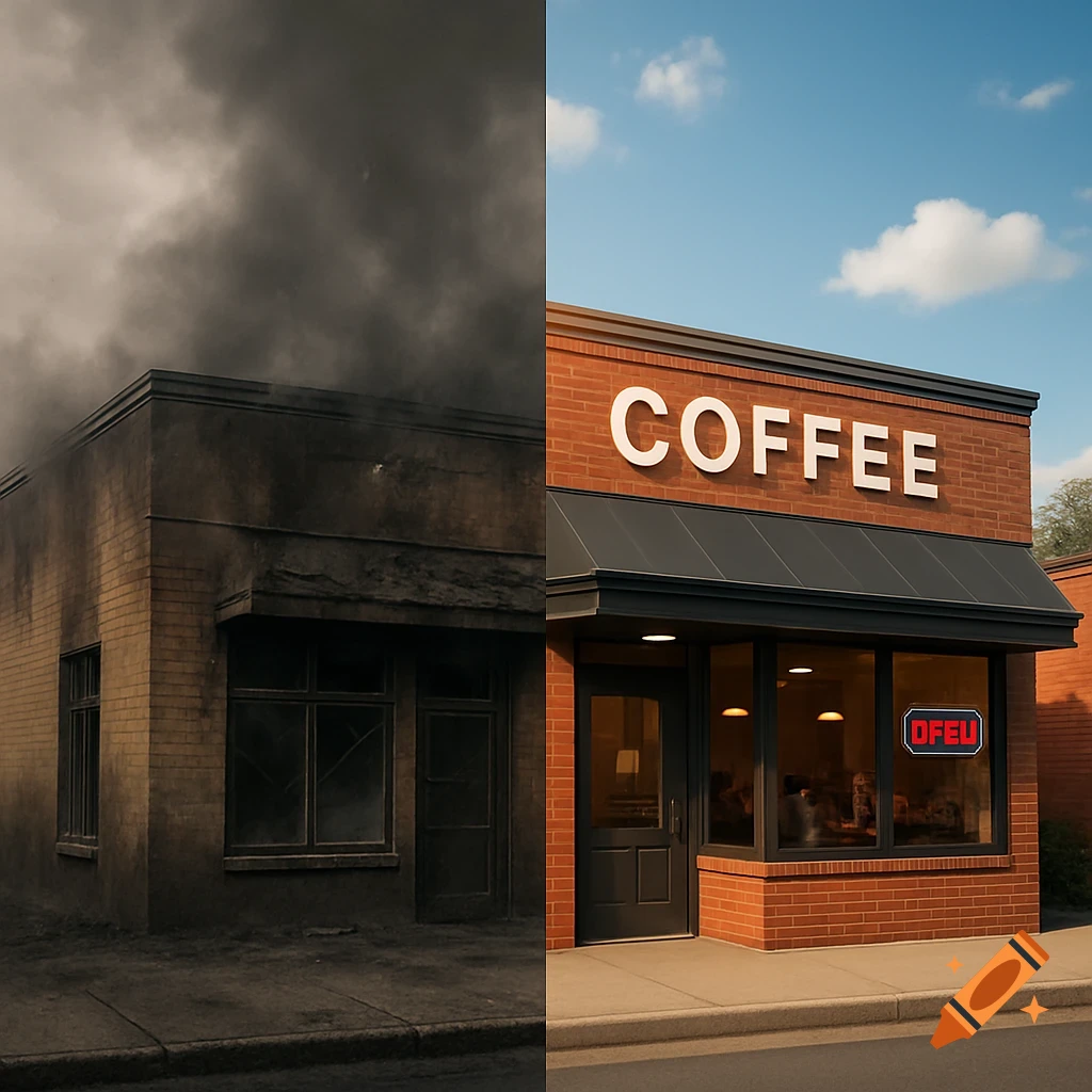 Split-screen image of a coffee shop: left side during a fire disaster with smoke, right side fully restored with a 'COFFEE' sign.