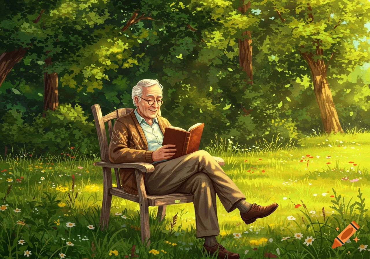 An old man in glasses reads a book in a wooden chair in a sunlit garden with trees and flowers, illustration.