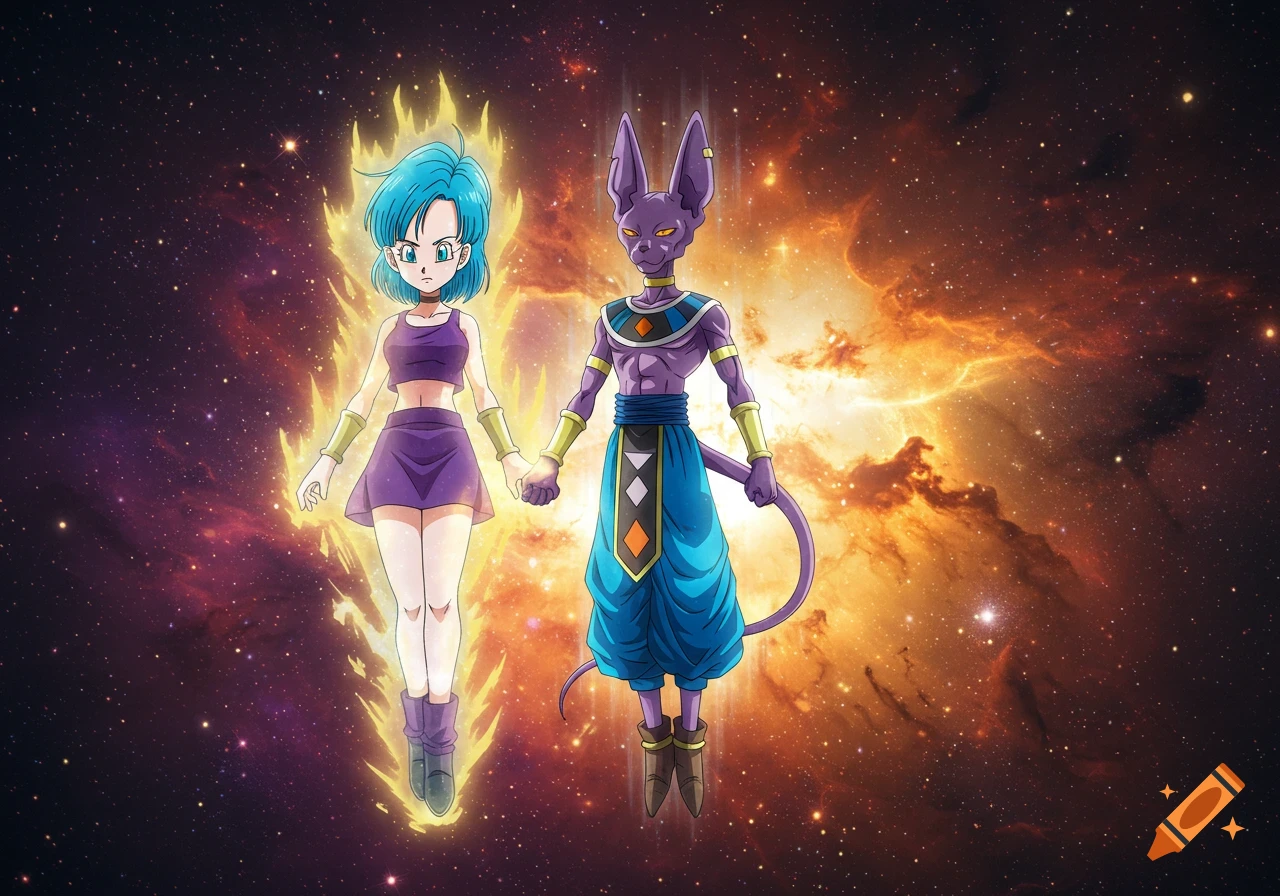 Anime-style Bulma with a yellow aura holds hands with Beerus, the purple cat-like god, as they float in a vibrant cosmic nebula.