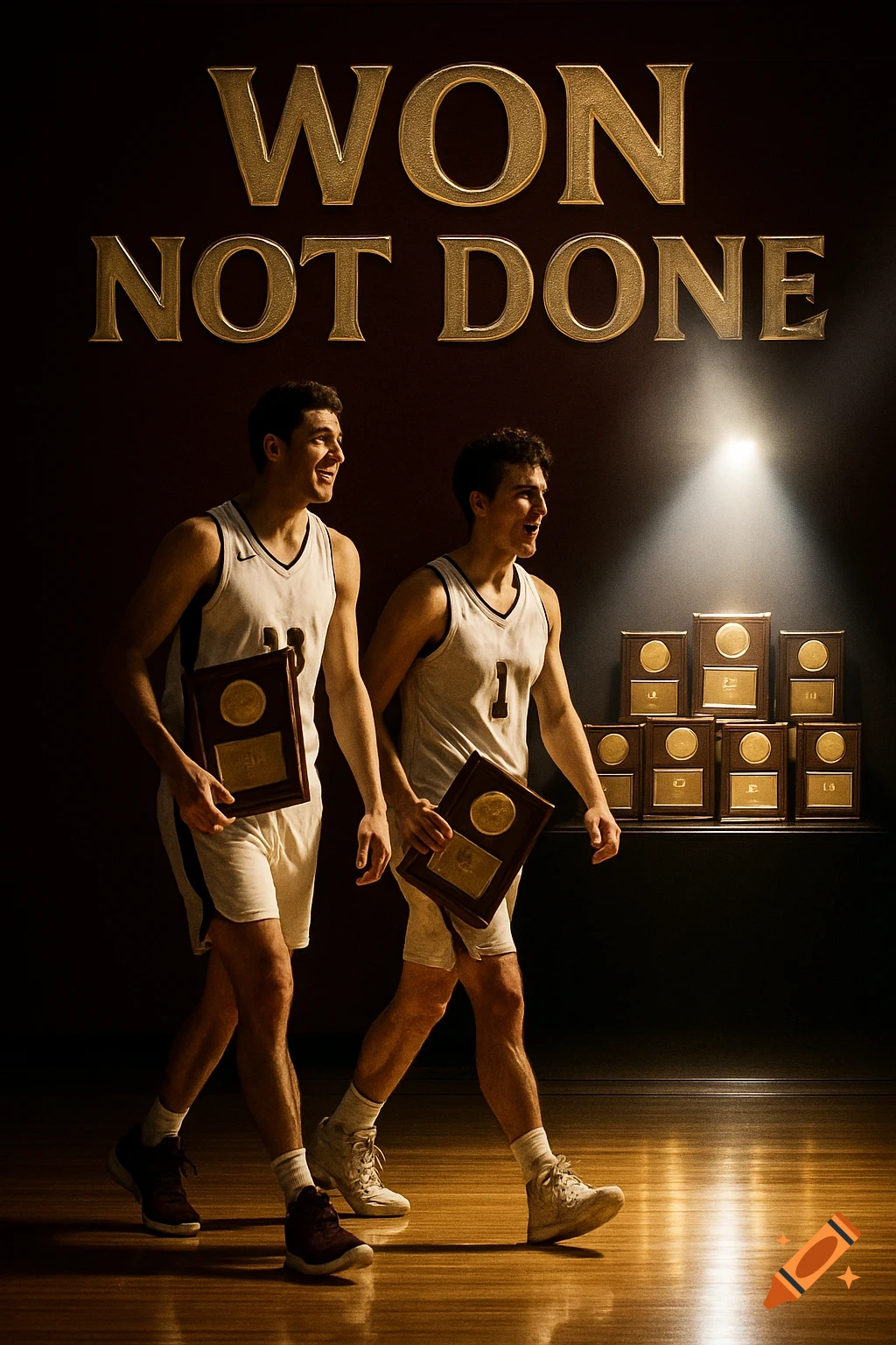 Two smiling basketball teammates hold plaques, walking in a dark room under text 'WON NOT DONE', with many trophies on a shelf.