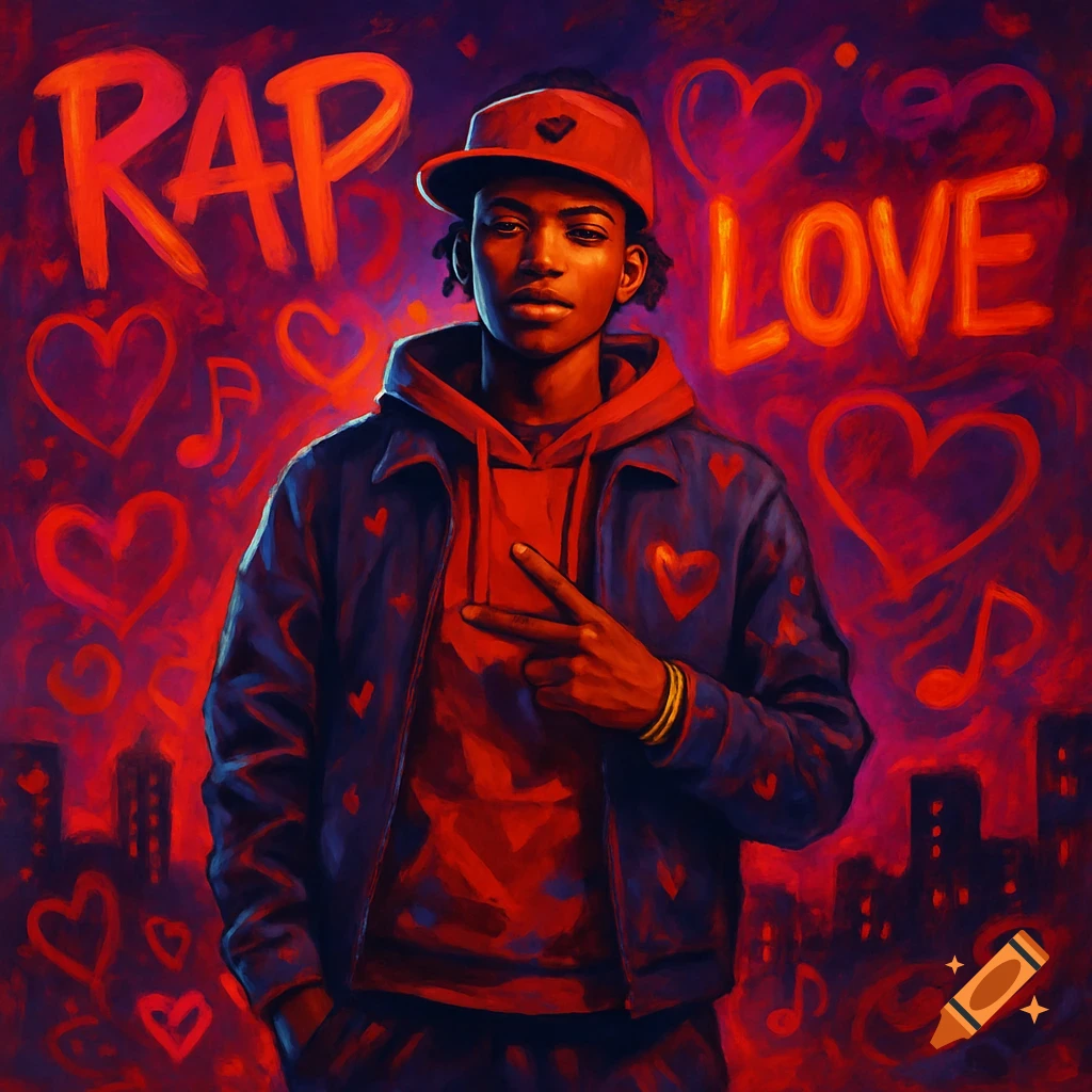 Young man in a cap makes a peace sign against a vibrant red and purple background with graffiti-style 'RAP' and 'LOVE' text, hearts, and city silhouettes. Painterly art style.